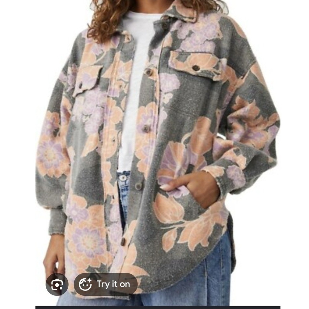 Free People Boho Floral Fleece Shacket Grey Peach Oversized Jacket Womens L